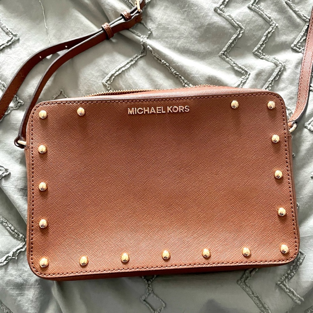 Michael Kors Brown Leather and Gold Studded Crossbody Bag